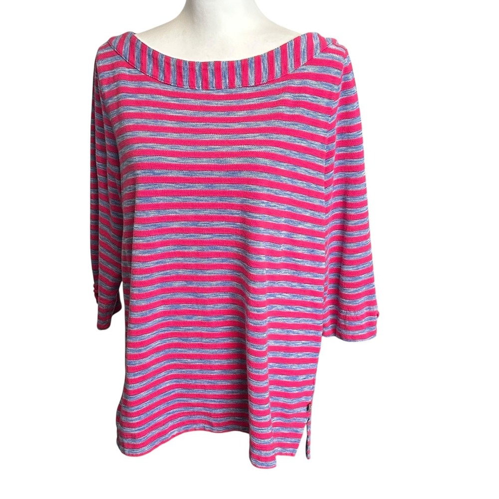 Talbots Top Size 1X Pink Blue Striped Boat Neck 3/4 Sleeve Top Plus Size Casual